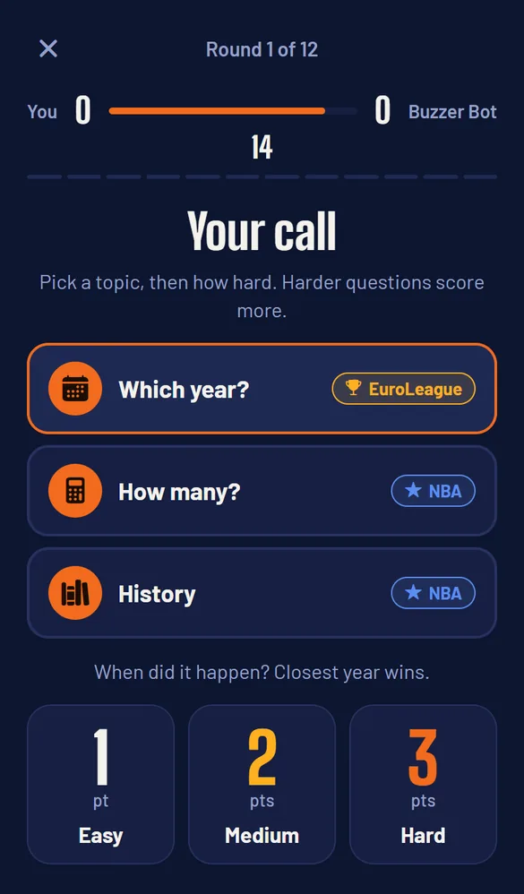 The pick screen: three topics, Which year? in the EuroLeague, How many? in the NBA and History in the NBA, and the difficulty buttons for 1, 2 or 3 points.