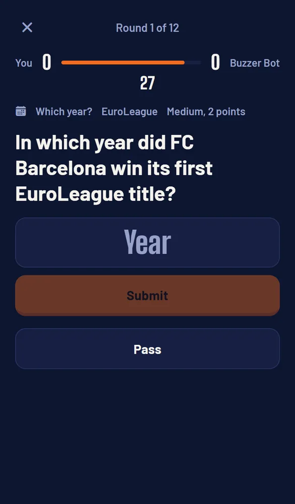 A question: In which year did FC Barcelona win its first EuroLeague title? A year box, a Submit button and a Pass button, with the shot clock at 27.